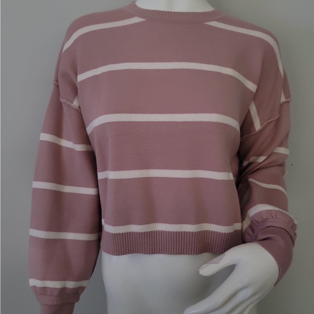 Pink Rose Striped Crewneck Sweater in Dusty Rose & White